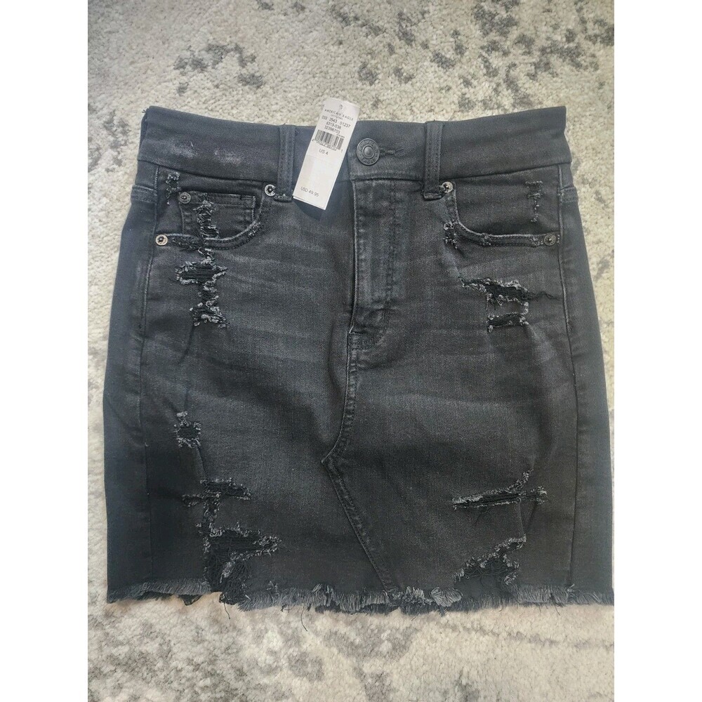 American Eagle Curvy Hi-Rise Mini Skirt Next Level Stretch Distressed Black 27"
